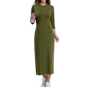 Missky Olive Green Long Hoodie Dress 3/4 Sleeve Kangaroo Pocket